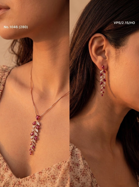Pink leaf charms silver pendant set for women