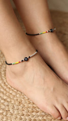 Silver Evil Eye with Black & Multicolor Beads Payal