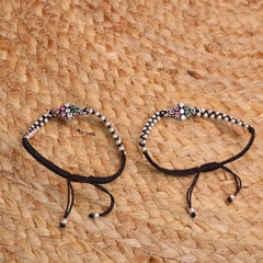 Radiant Silver Dots with Colour Stones Black Thread Payal for Women