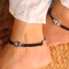 GemSquare Colourful Stone Silver Thread Payal for Women