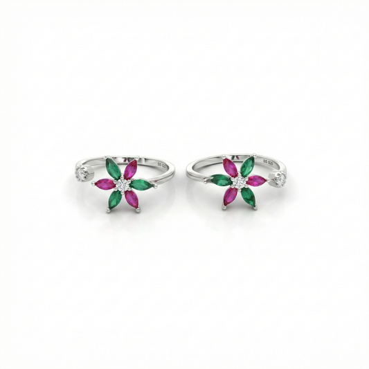Colour pop bloom silver toerings for women