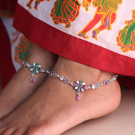 Heavy Stone-Studded Jaipuri Silver Payal for Women