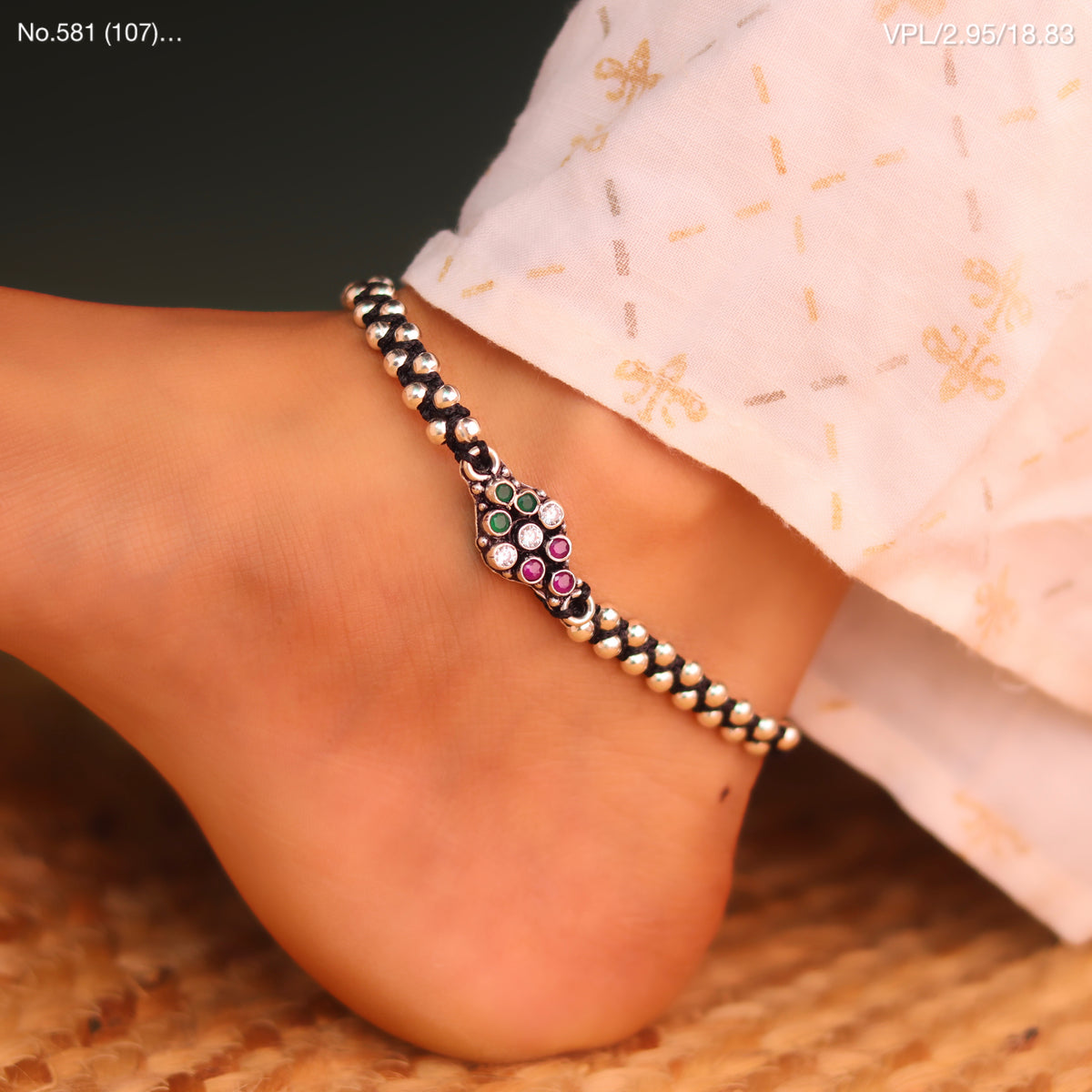 Radiant Silver Dots with Colour Stones Black Thread Payal for Women