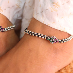 Radiant Silver Dots with Colour Stones Black Thread Payal for Women