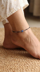 Trendy Silver Black Beads Payal with Evil Eye for Women