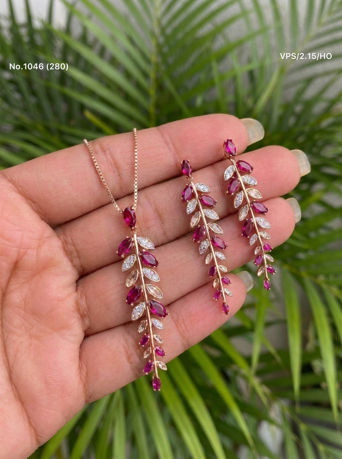 Pink leaf charms silver pendant set for women