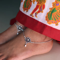 Vintage Flower Oxidized Silver Payal for Women