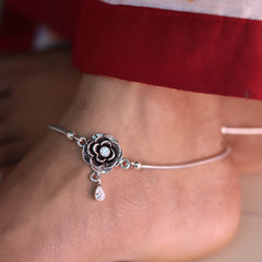 Vintage Flower Oxidized Silver Payal for Women