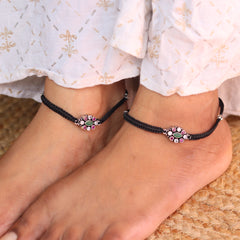 Classic Colourful Stone Silver Black Thread Payal for Women
