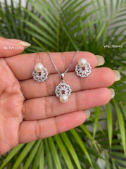 Diamond Pearl elegance silver pendant set for women