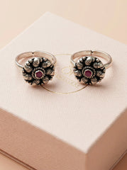Lunar bloom oxidised silver toerings for women