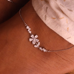Sparkling Flower Stone Leaf Silver Anklet