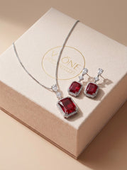 Red diamond block silver pendant set for women