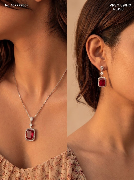 Red diamond block silver pendant set for women