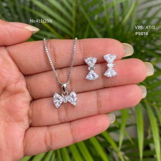 Bow charm silver pendant set for women