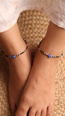 Trendy Silver Black Beads Payal with Evil Eye for Women