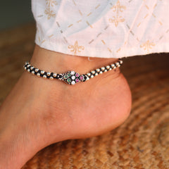 Radiant Silver Dots with Colour Stones Black Thread Payal for Women