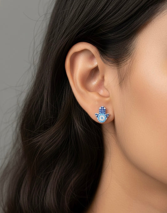 Blue aura Hamsa silver stud