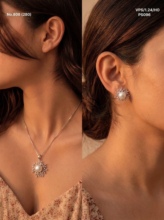 Pearl diamond crest silver pendant set for women