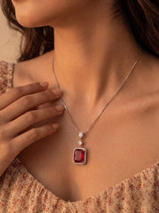 Red diamond block silver pendant set for women