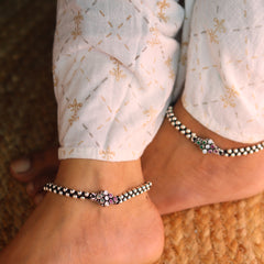 Radiant Silver Dots with Colour Stones Black Thread Payal for Women