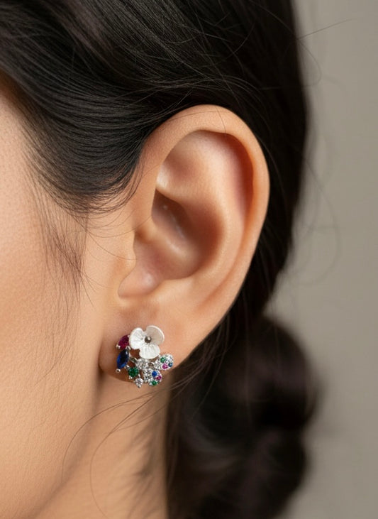 Floral colour leaf silver stud