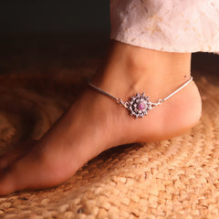 Floral crownshine silver anklet