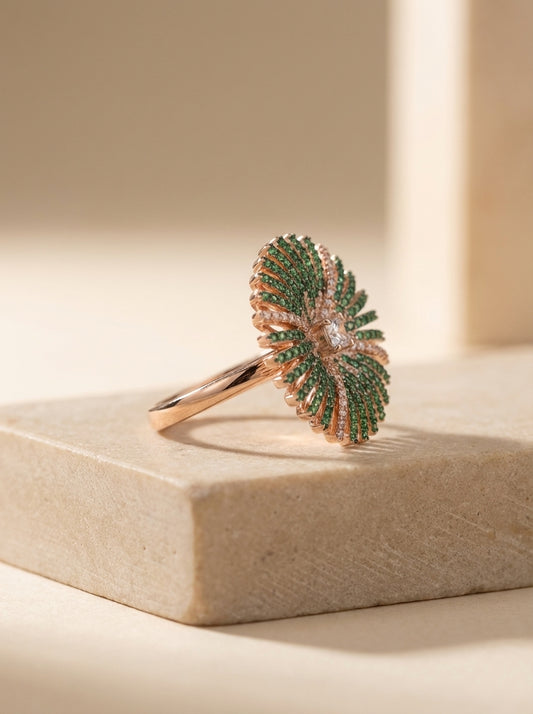 Green blossom silver ring for women