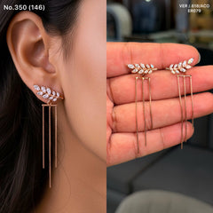 Linear leaf drop silver earrings