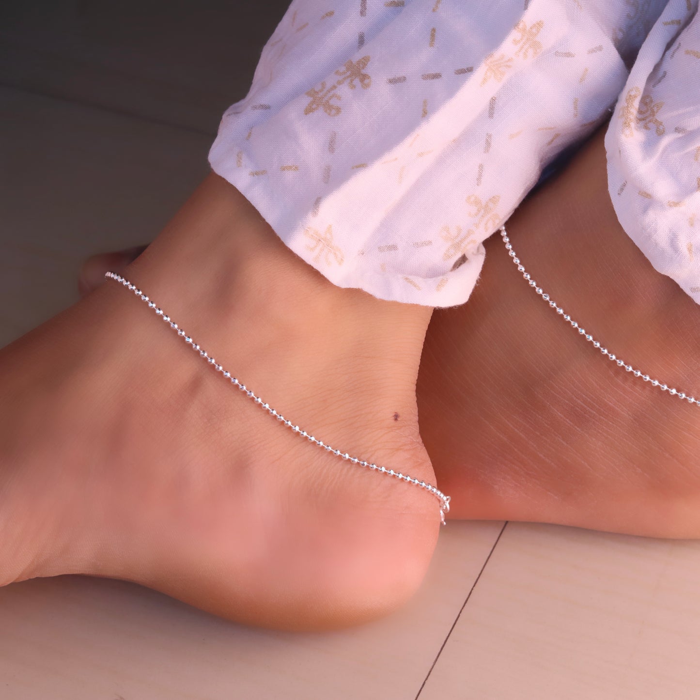 Slim Silver Women Payal with Beaded Grace