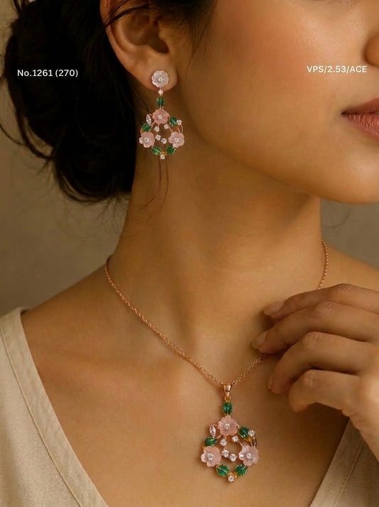 Crystal blossoms silver pendant set for women