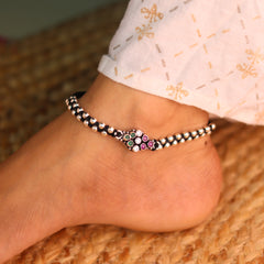 Radiant Silver Dots with Colour Stones Black Thread Payal for Women