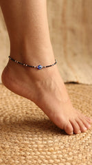 Trendy Silver Black Beads Payal with Evil Eye for Women