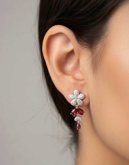 Ruby petal drops silver earrings