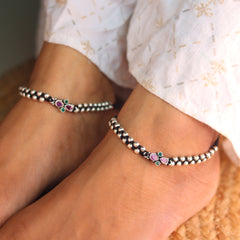 Silver Bead Dot Payal with Black Thread for Women