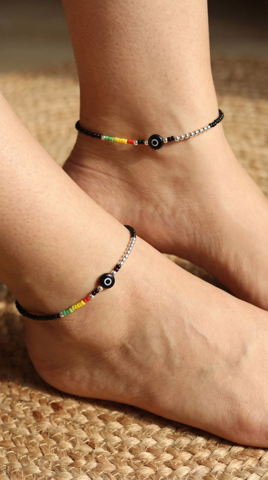 Silver Evil Eye with Black & Multicolor Beads Payal