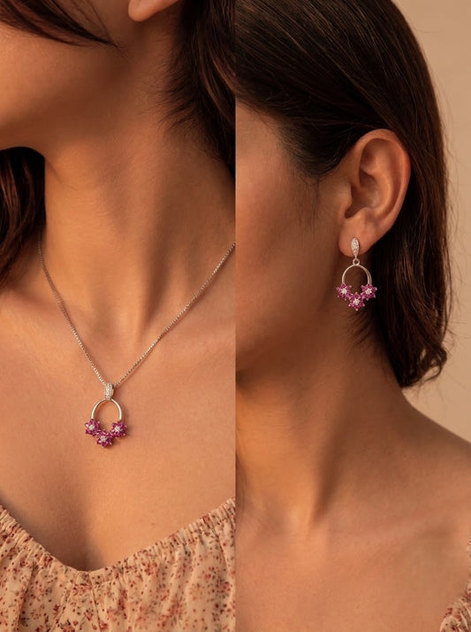 Pink charms silver pendant set for women