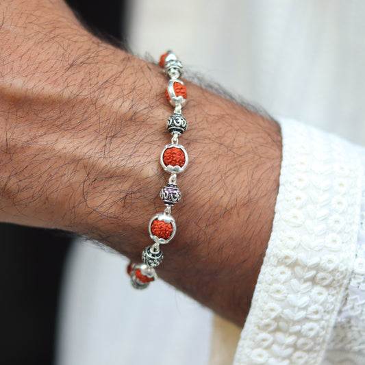 Silver Om Beads Capping Rudraksha Bracelet