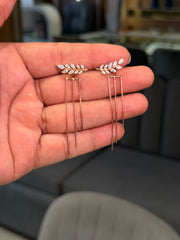 Linear leaf drop silver earrings