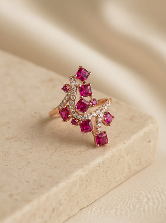 Red jewel silver ring for women