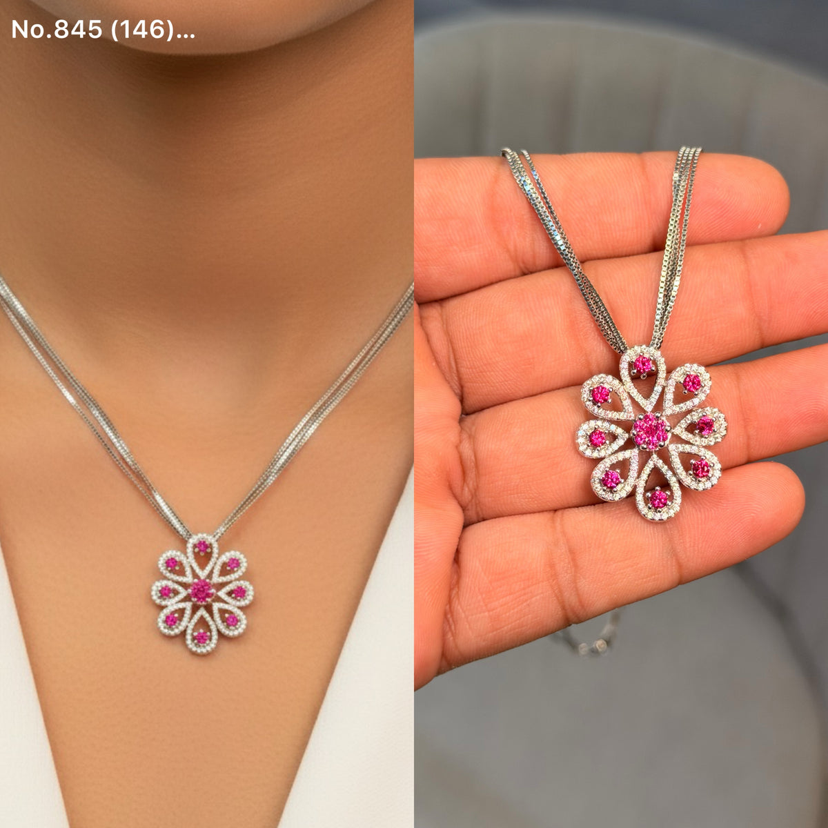 PetalDream Layered Flower silver chain pendant