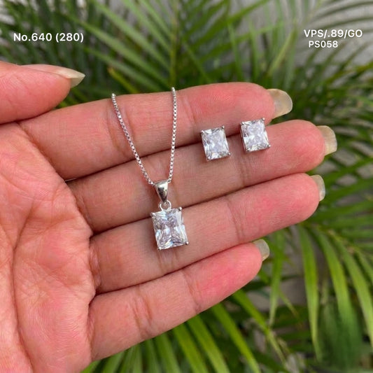 Diamond block silver pendant set for women