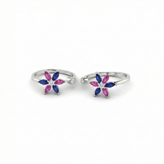 Pink-blue blossoms silver toerings for women