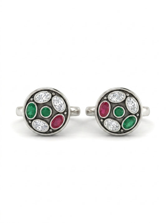 Jade bloom oxidised silver toerings for women