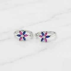 Pink-blue blossoms silver toerings for women